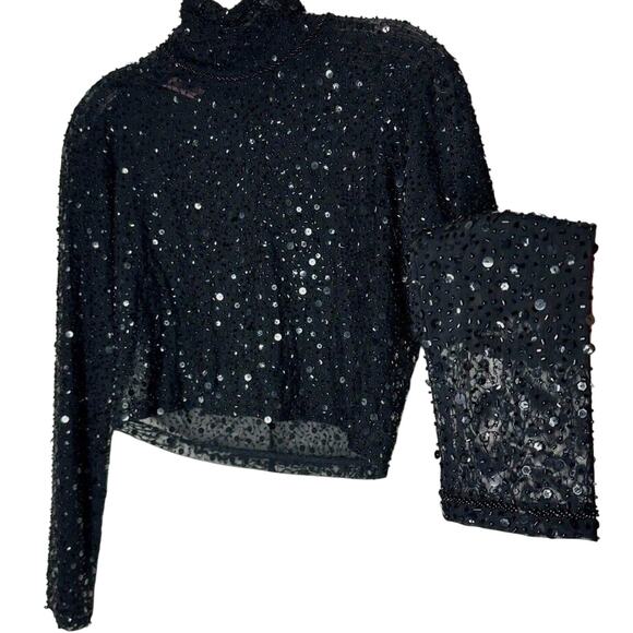 Dyspnea Sheer Black Sequin Mesh Mock Neck Long Sleeve Crop Top Hand Beaded Small - Picture 1 of 11